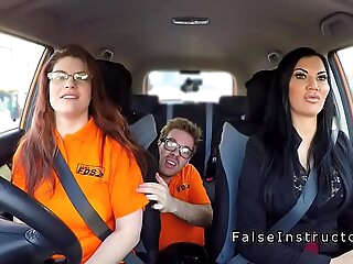 Busty babes threesome in the matter of driving school car